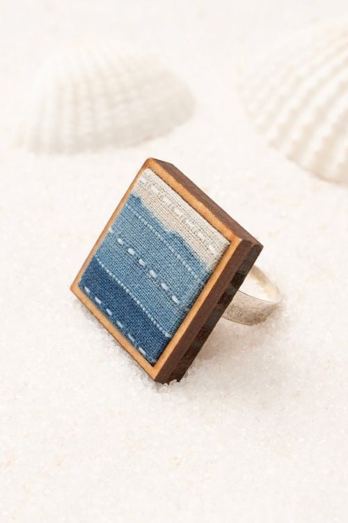 WHE Shades Of Indigo Blue Repurposed Fabric And Wood Square Ring