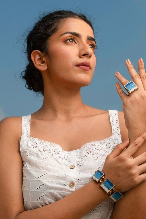 WHE Shades Of Indigo Blue Repurposed Fabric And Wood Square Ring