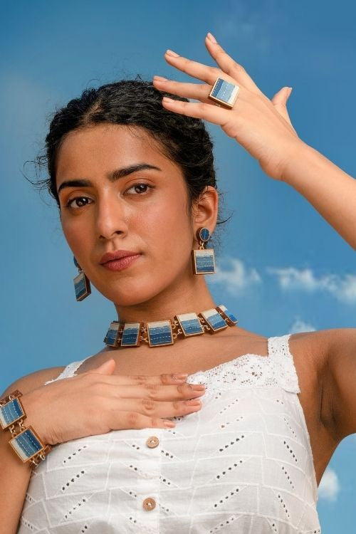 WHE Shades Of Indigo Blue Repurposed Fabric And Wood Square Ring