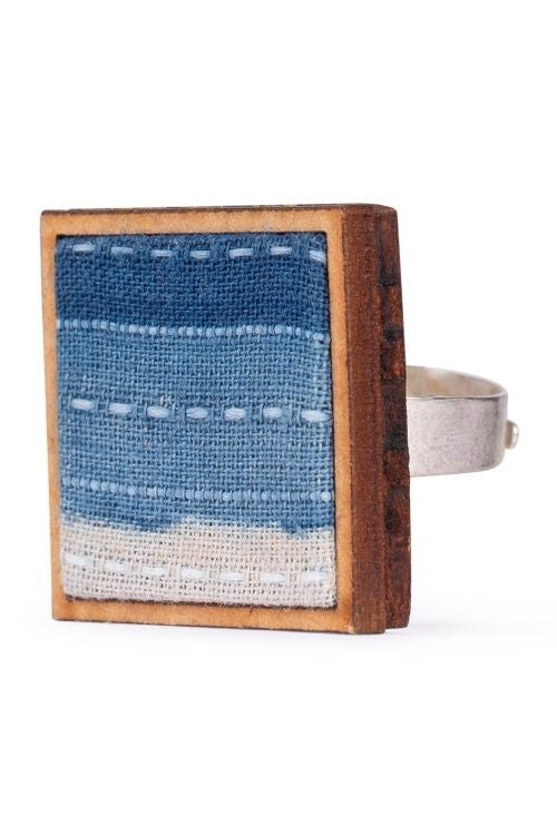 WHE Shades Of Indigo Blue Repurposed Fabric And Wood Square Ring
