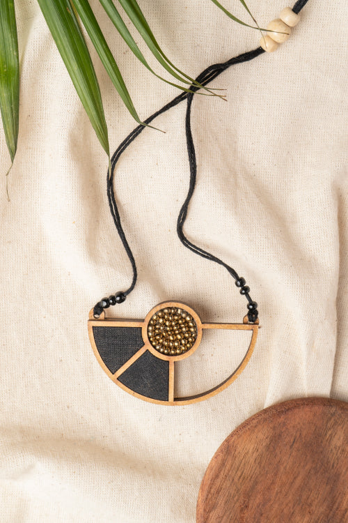 Whe Black Geometrical Repurposed Fabric And Wood Pendant