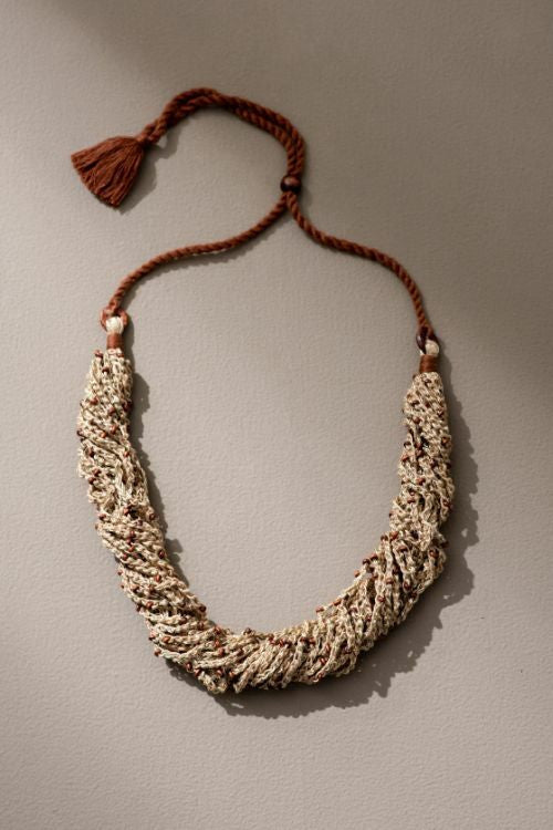 WHE Crocheted Jute And Wooden Bead Multi Strand Adjustable Necklace