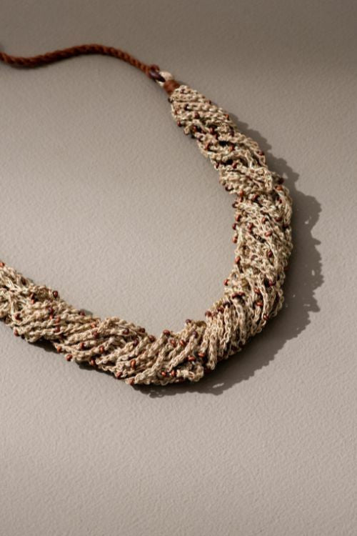WHE Crocheted Jute And Wooden Bead Multi Strand Adjustable Necklace