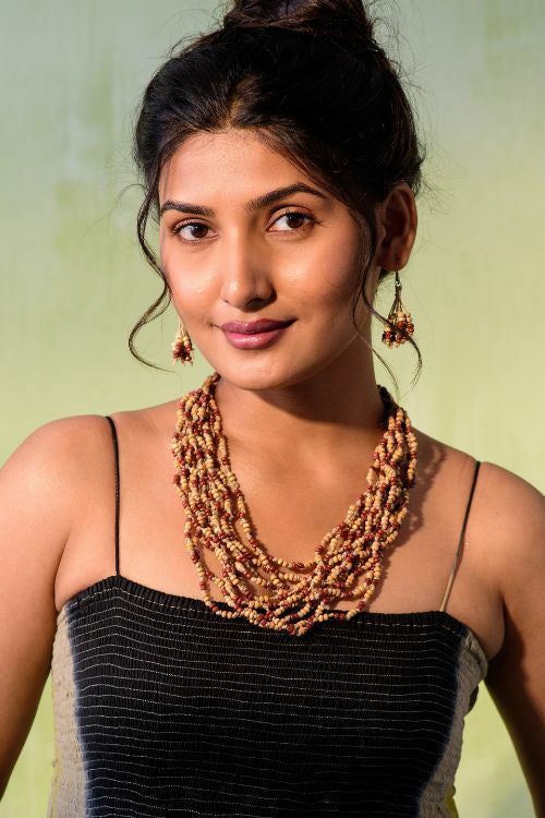 WHE Handmade Multilayer Adjustable Jute, Wooden Beads And Glass Beads Necklace
