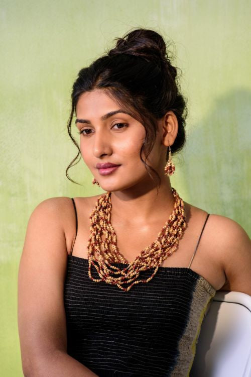 WHE Handmade Multilayer Adjustable Jute, Wooden Beads And Glass Beads Necklace