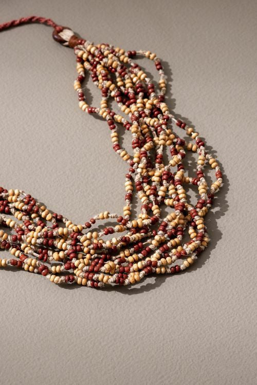 WHE Handmade Multilayer Adjustable Jute, Wooden Beads And Glass Beads Necklace