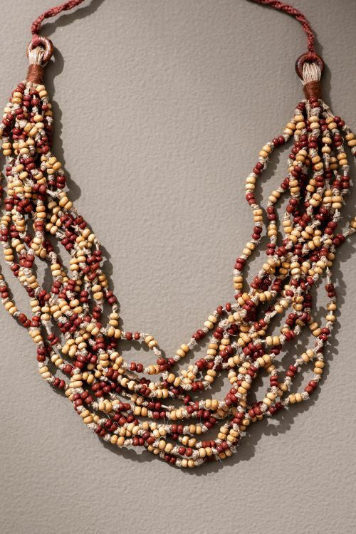 WHE Handmade Multilayer Adjustable Jute, Wooden Beads And Glass Beads Necklace
