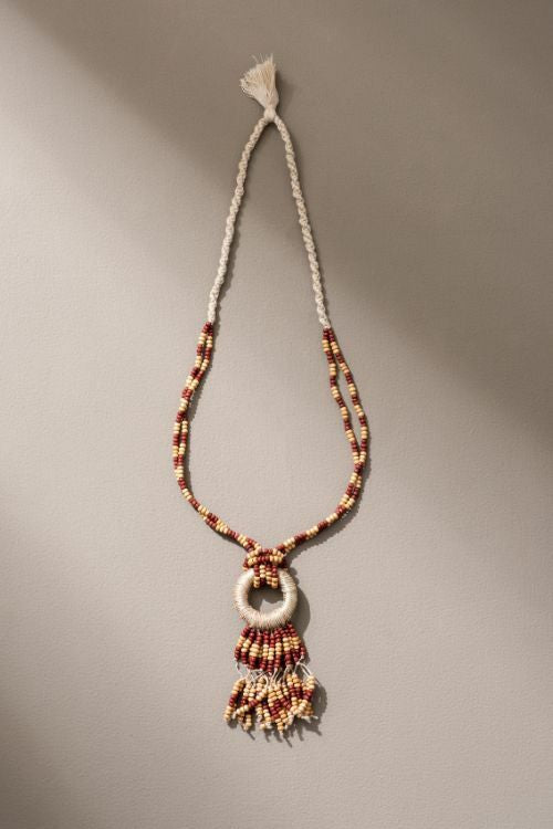 WHE Adjustable Jute, Wooden Beads And Glass Beads Fringe Pendant Necklace