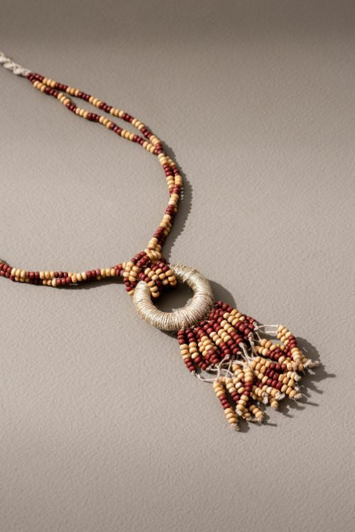WHE Adjustable Jute, Wooden Beads And Glass Beads Fringe Pendant Necklace