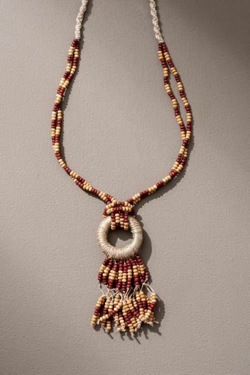 WHE Adjustable Jute, Wooden Beads And Glass Beads Fringe Pendant Necklace