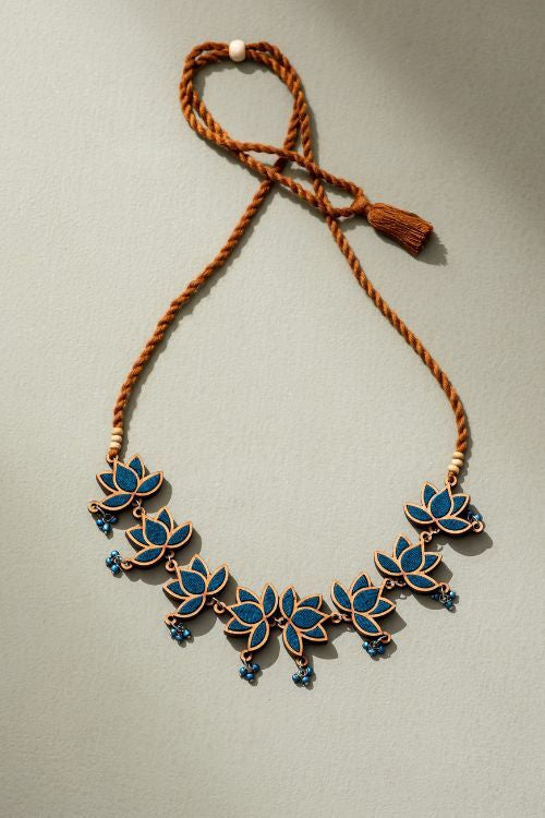 Whe Teal Lotus Upcycled Fabric And Repurposed Wood Statement Choker