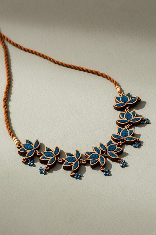 Whe Teal Lotus Upcycled Fabric And Repurposed Wood Statement Choker