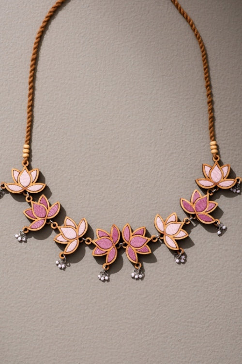 Whe Pink Festive Lotus Upcycled Fabric & Repurposed Wood Statement Choker