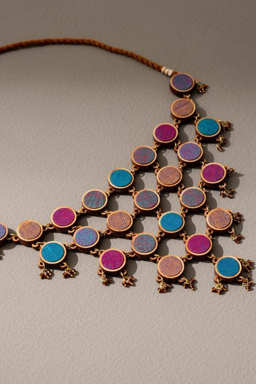 Whe Violet Multi Coloured Upcycled Fabric And Repurposed Wood Adjustable Statement Necklace