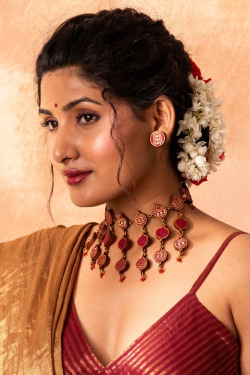 Whe Red And Gold Festive Multi Layered Upcycled Fabric & Repurposed Wood Necklace
