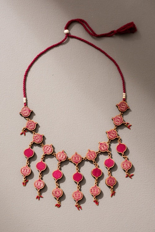 Whe Red And Gold Festive Multi Layered Upcycled Fabric & Repurposed Wood Necklace