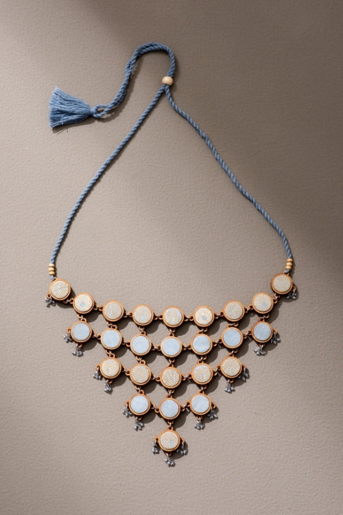 Whe Festive Grey, Gold And Silver Upcycled Fabric And Repurposed Wood Adjustable Statement Necklace