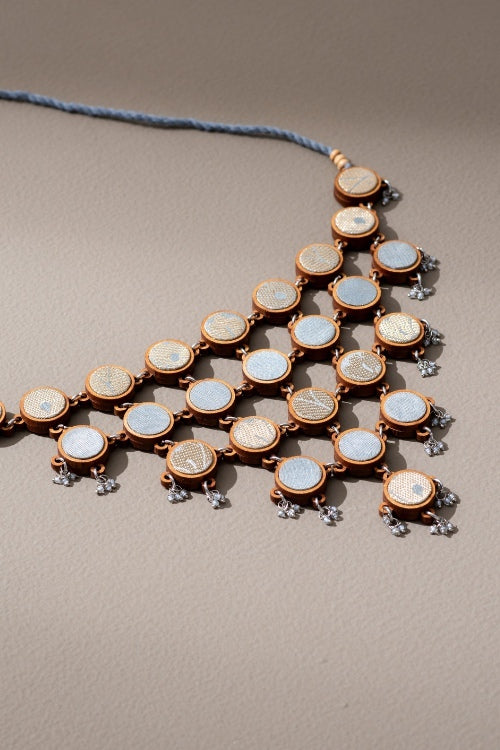 Whe Festive Grey, Gold And Silver Upcycled Fabric And Repurposed Wood Adjustable Statement Necklace