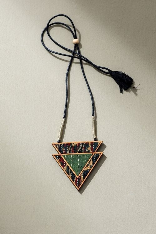 Whe Green Upcycled Fabric And Repurposed Wood Triangular Necklace