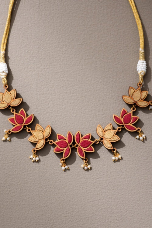Whe Red And Gold Festive Lotus Upcycled Fabric & Repurposed Wood Statement Choker