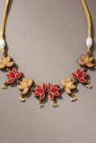 Whe Red And Gold Festive Lotus Upcycled Fabric & Repurposed Wood Statement Choker