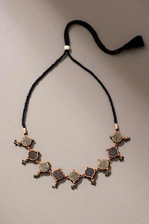 Whe Black Festive Upcycled Fabric & Repurposed Wood Choker Necklace