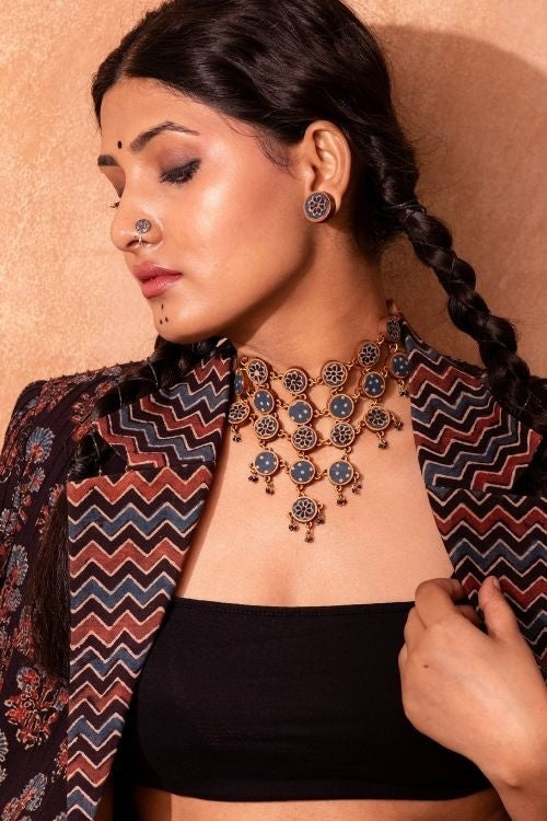 Whe Blue Ajrakh Upcycled Fabric And Repurposed Wood Adjustable Statement Necklace