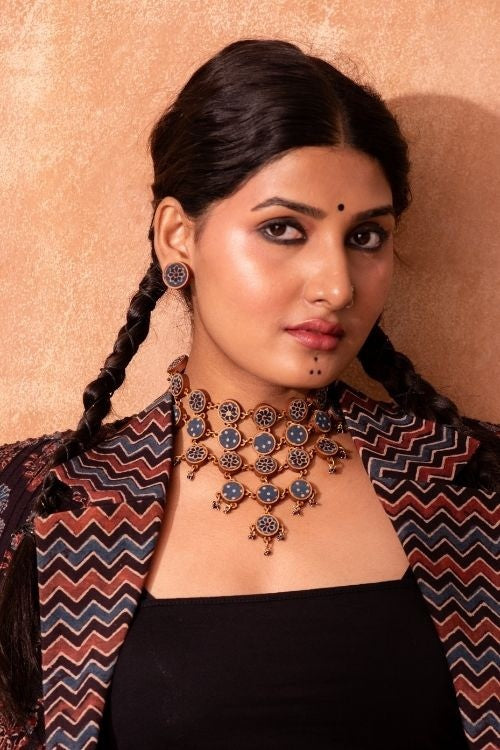 Whe Blue Ajrakh Upcycled Fabric And Repurposed Wood Adjustable Statement Necklace