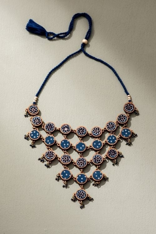 Whe Blue Ajrakh Upcycled Fabric And Repurposed Wood Adjustable Statement Necklace