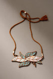 Whe Turquoise White Bloom Leaf Motif Upcycled Fabric And Repurposed Wood Necklace