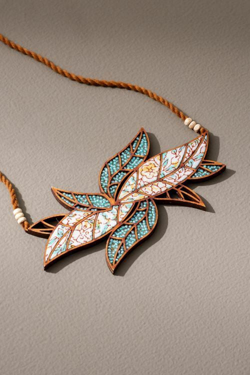 Whe Turquoise White Bloom Leaf Motif Upcycled Fabric And Repurposed Wood Necklace