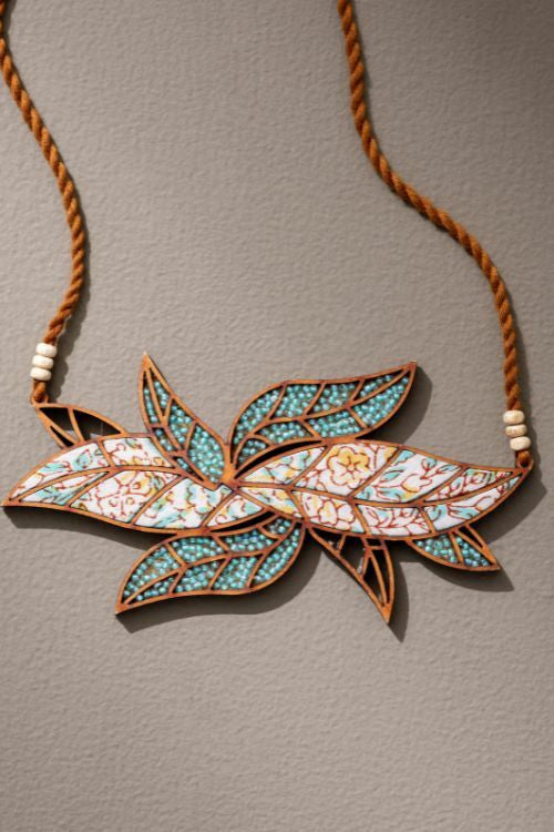 Whe Turquoise White Bloom Leaf Motif Upcycled Fabric And Repurposed Wood Necklace