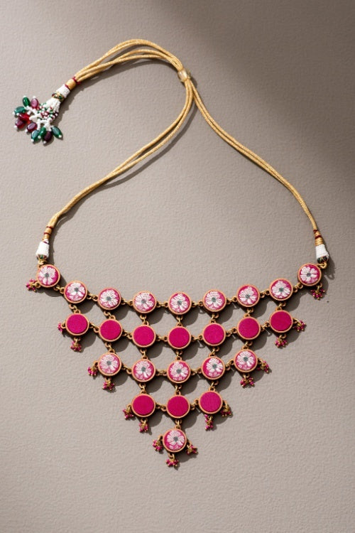 Whe Pink Pure Banarasi Upcycled Fabric & Repurposed Wood Adjustable Statement Necklace