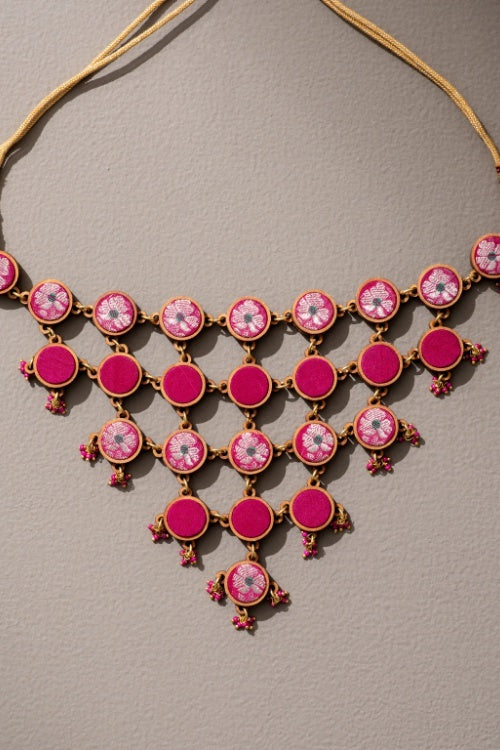 Whe Pink Pure Banarasi Upcycled Fabric & Repurposed Wood Adjustable Statement Necklace