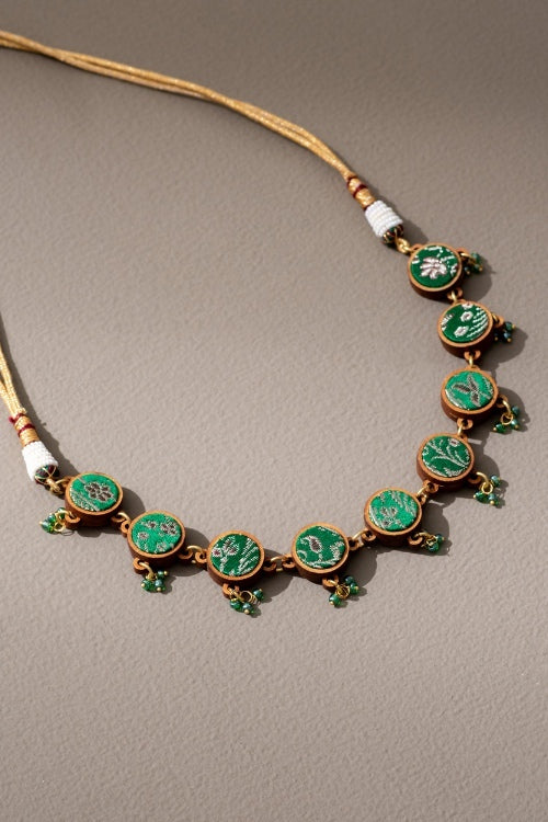 Whe Green Festive Pure Banarasi Brocade Fabric & Repurposed Wood Choker Necklace