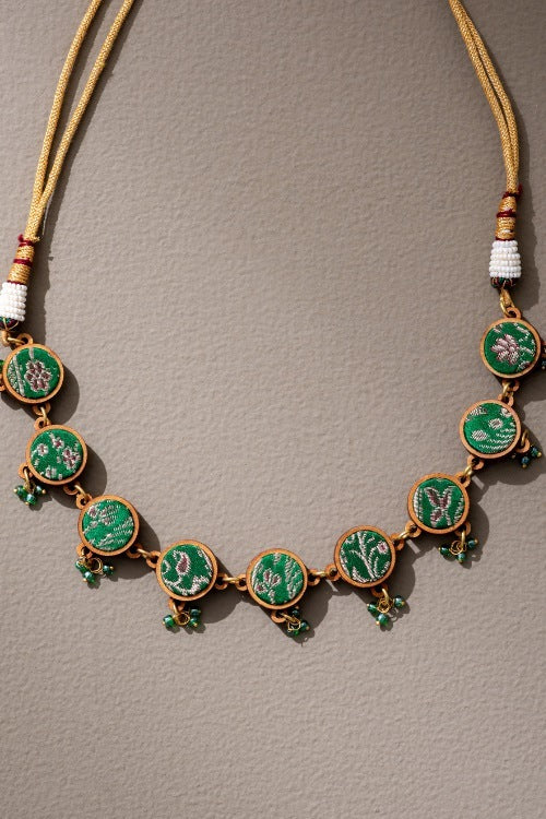 Whe Green Festive Pure Banarasi Brocade Fabric & Repurposed Wood Choker Necklace