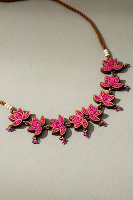 Whe Pink Pure Georgette Bandhani Upcycled Fabric & Repurposed Wood Statement Choker Lotus Necklace