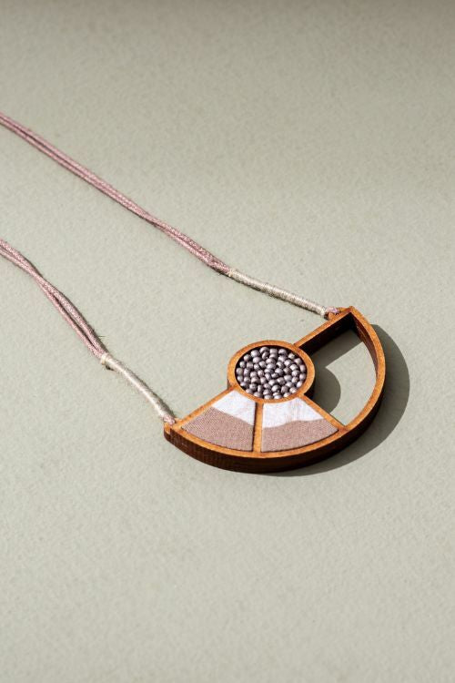WHE Beige And White Geometrical Repurposed Fabric And Wood Adjustable Pendant Necklace