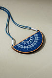 Whe Hand Painted Blue Upcycled Fabric And Repurposed Wood Semi Circle Necklace