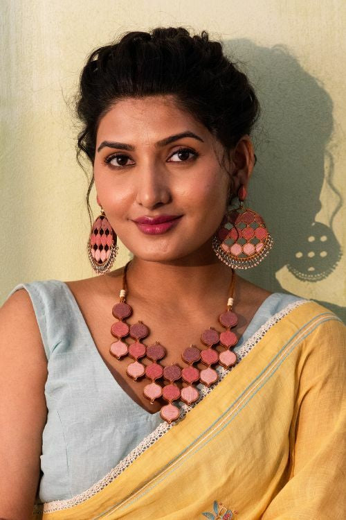 Whe Shades Of Pink Repurposed Fabric And Wood Statement Necklace With Adjustable Length