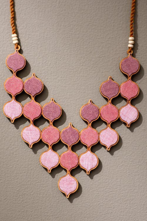 Whe Shades Of Pink Repurposed Fabric And Wood Statement Necklace With Adjustable Length