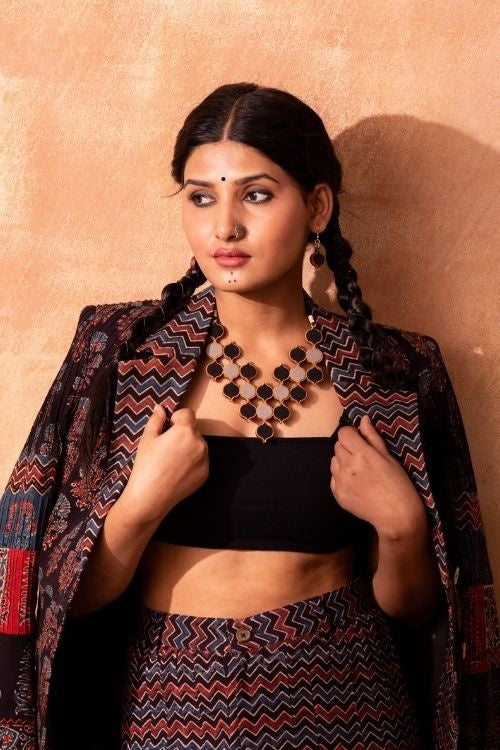 Whe Shades Of Black Repurposed Fabric And Wood Statement Necklace With Adjustable Length