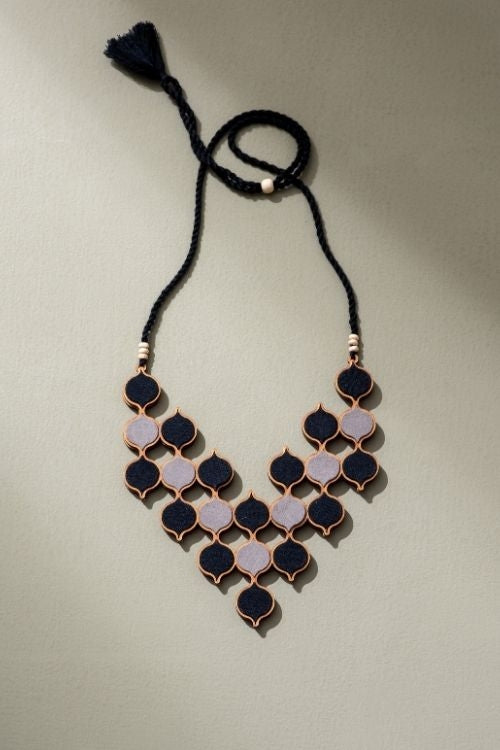 Whe Shades Of Black Repurposed Fabric And Wood Statement Necklace With Adjustable Length