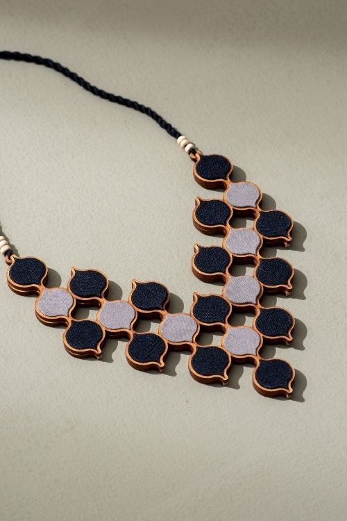 Whe Shades Of Black Repurposed Fabric And Wood Statement Necklace With Adjustable Length