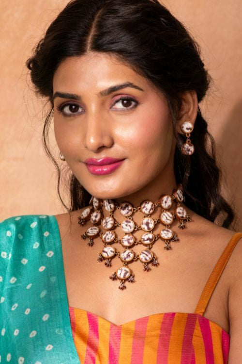 Whe Handcrafted Brown Tie And Dye Repurposed Wood And Fabric Choker Necklace