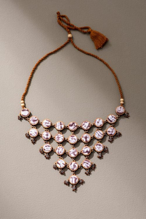 Whe Handcrafted Brown Tie And Dye Repurposed Wood And Fabric Choker Necklace