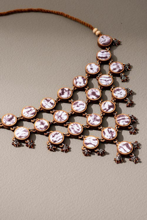 Whe Handcrafted Brown Tie And Dye Repurposed Wood And Fabric Choker Necklace