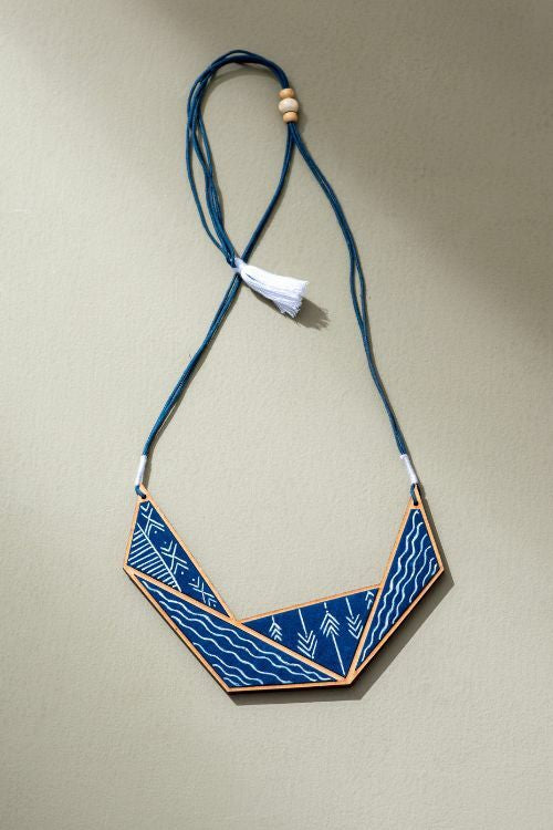Whe Hand Painted Blue Connecting Triangle Upcycled Fabric And Repurposed Wood Necklace