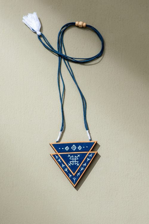 Whe Hand Painted Blue Upcycled Fabric And Repurposed Wood Triangular Necklace