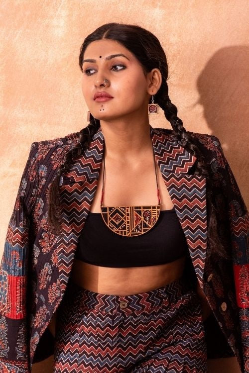 Whe Black Upcycled Ajrakh Fabric And Repurposed Wood Maze Necklace